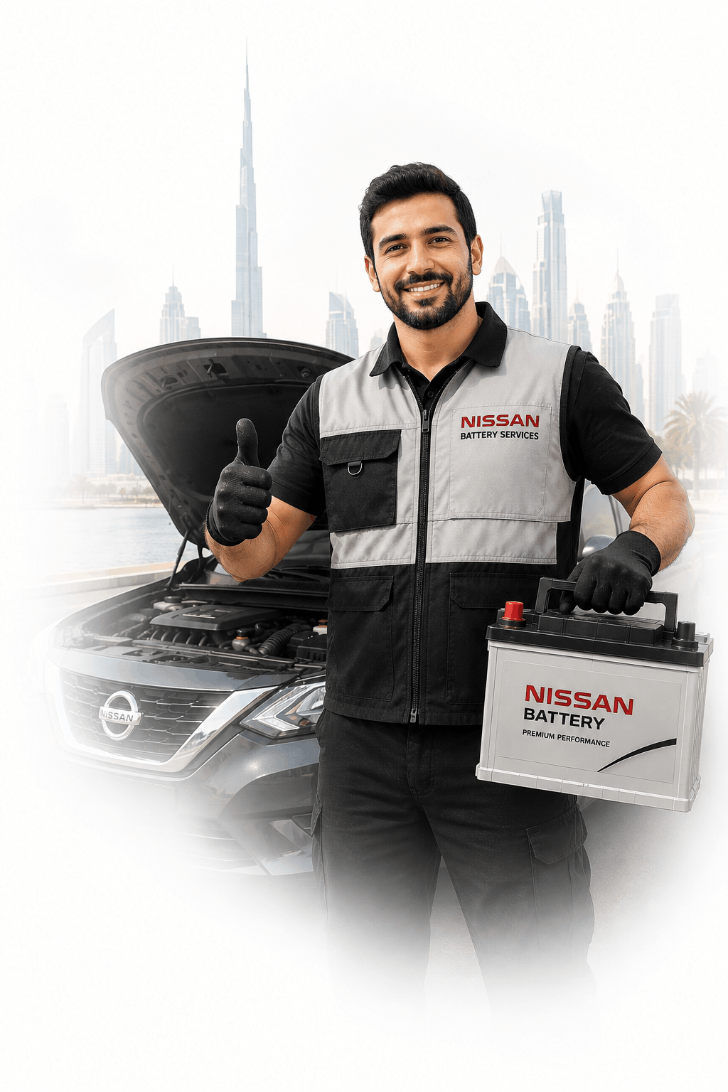 Nissan battery service technician holding a battery in Dubai